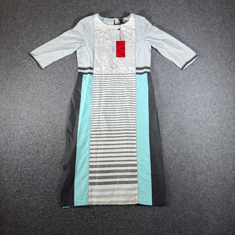 Enzo Swan Print Mixed Media Midi Dress Teal White Charcoal Striped Size S NWT
